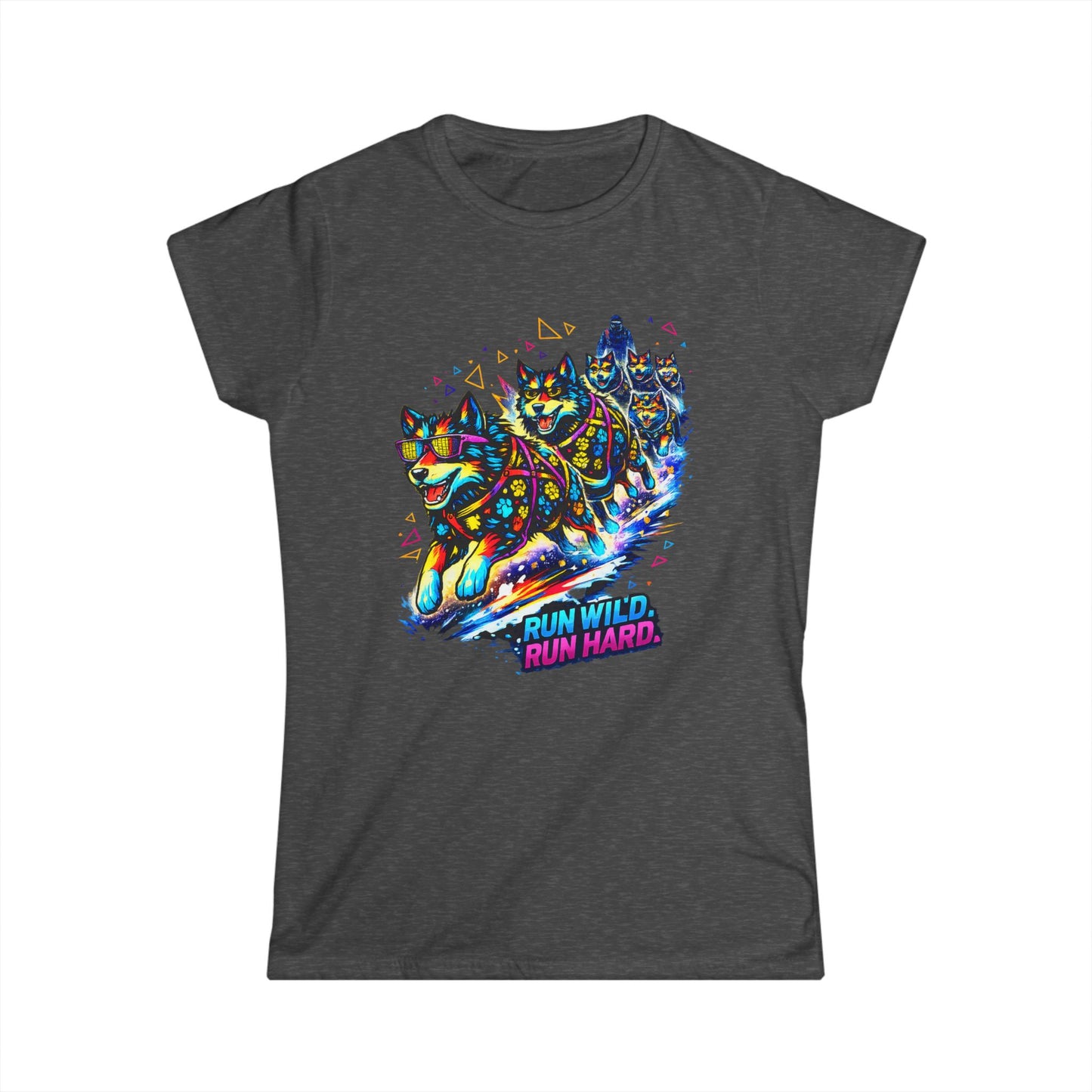 Women's Tee — Vibrant Husky Sled Team "Run Wild, Run Hard"