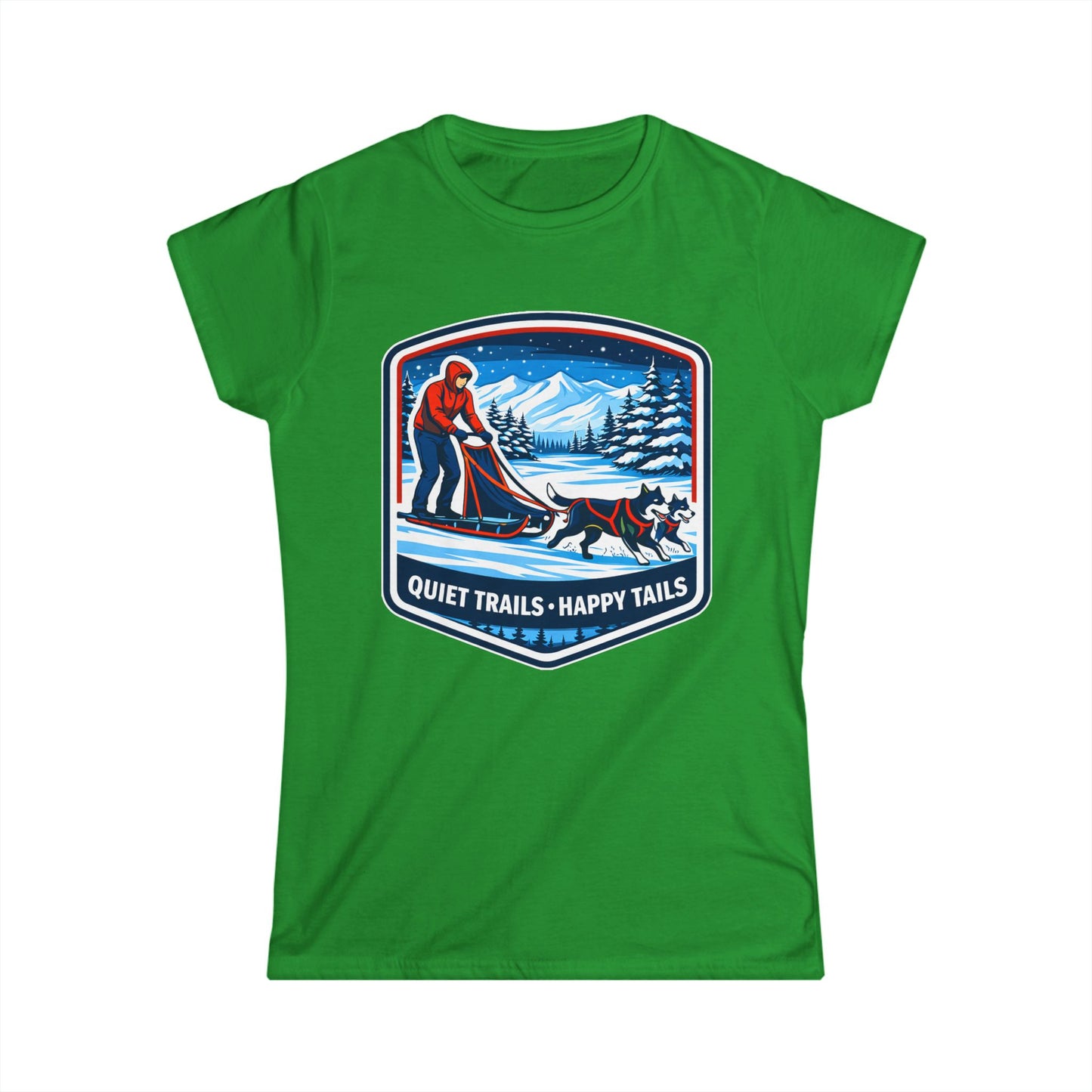Quiet Trails, Happy Tails Women's Tee — Winter Skiing Dog Rescue Shirt