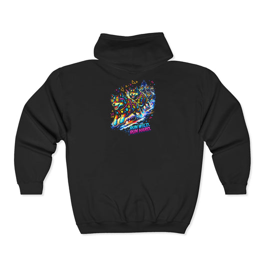 Full-Zip Hoodie — Colorful Neon Cat Art Zip-Up Sweatshirt