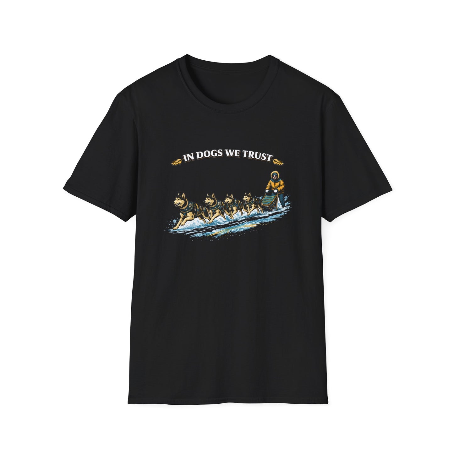 Musher & Sled Dogs T-Shirt — “In Dogs We Trust” Vintage Sledding Tee