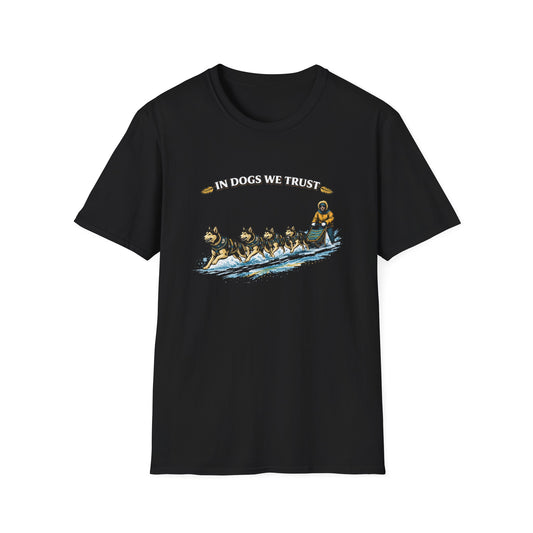 Musher & Sled Dogs T-Shirt — “In Dogs We Trust” Vintage Sledding Tee
