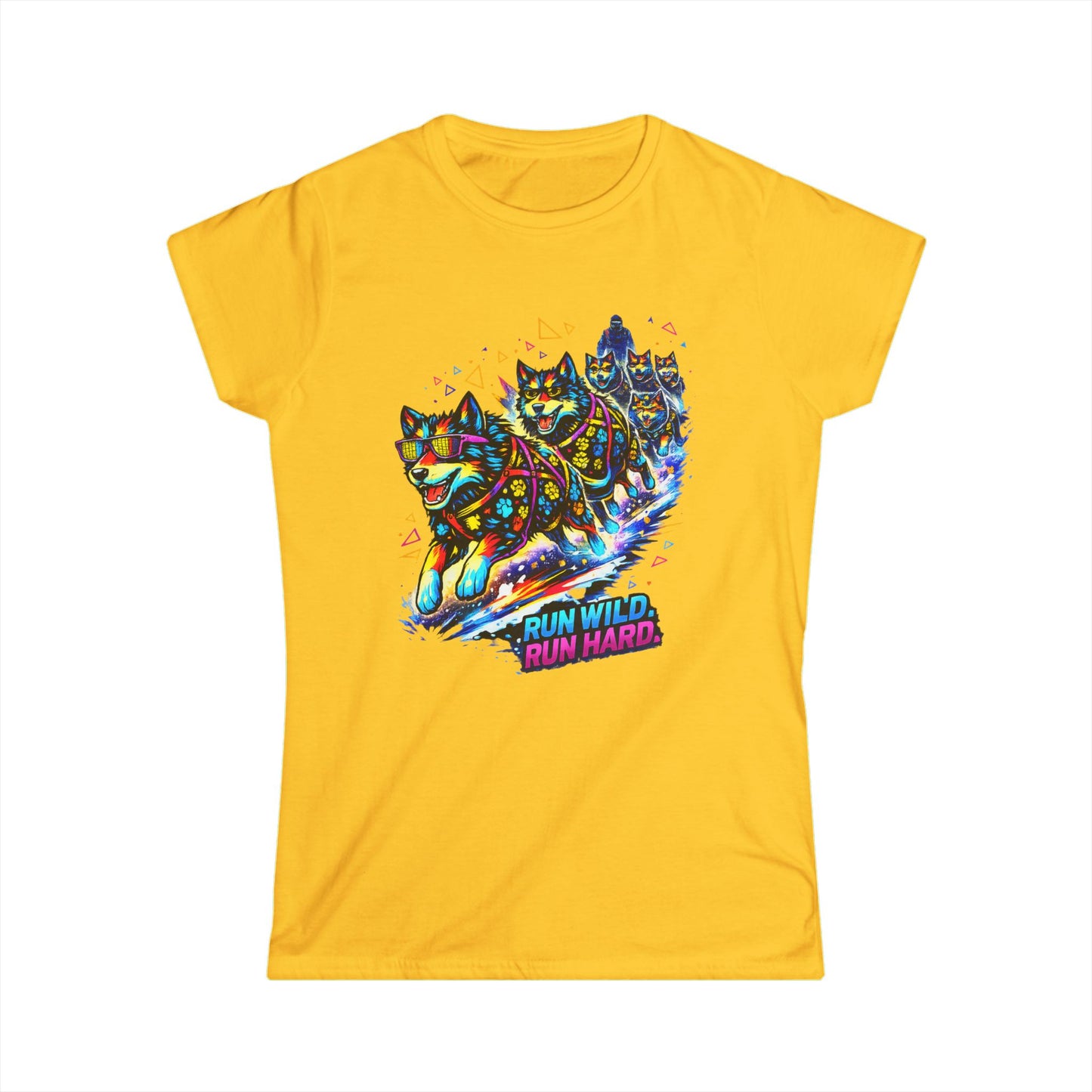 Women's Tee — Vibrant Husky Sled Team "Run Wild, Run Hard"
