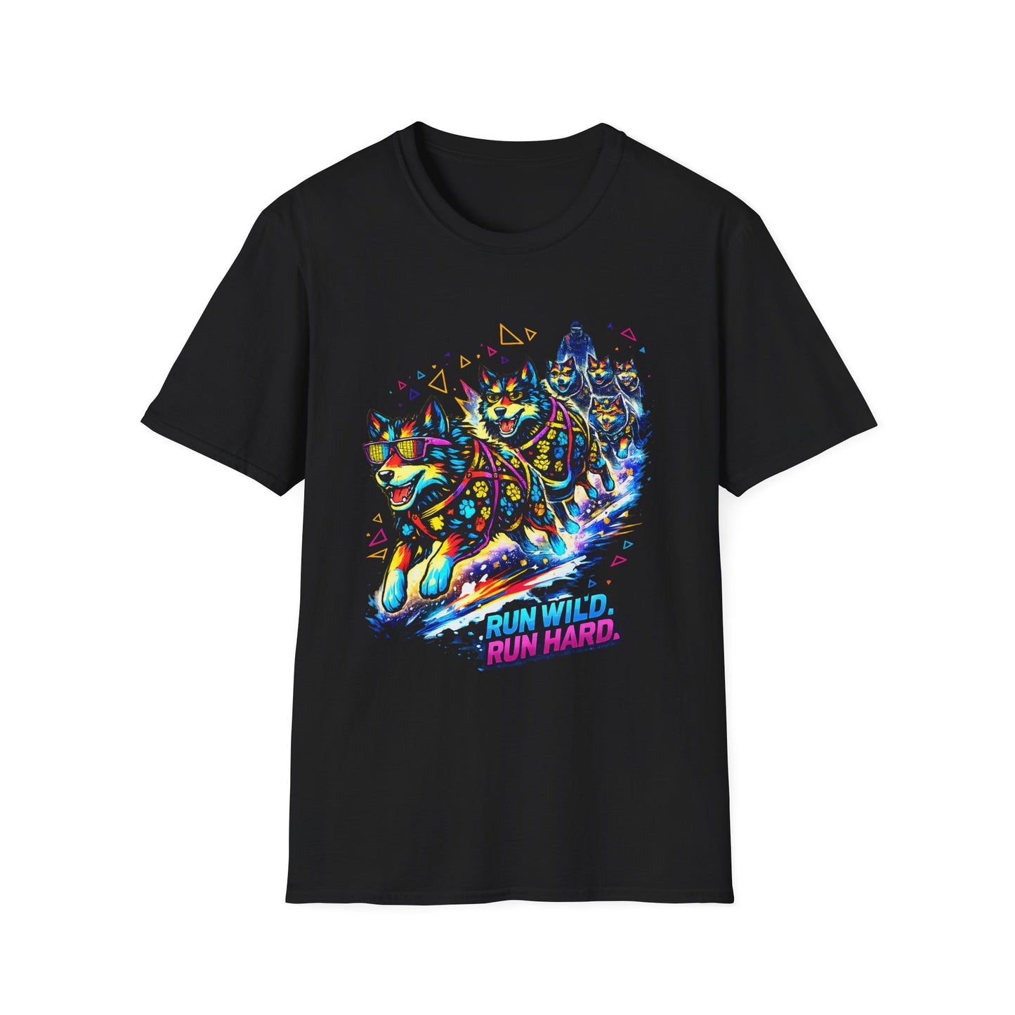 Husky Sled Team T-Shirt — 'Run Wild, Run Hard' Neon Adventure Tee