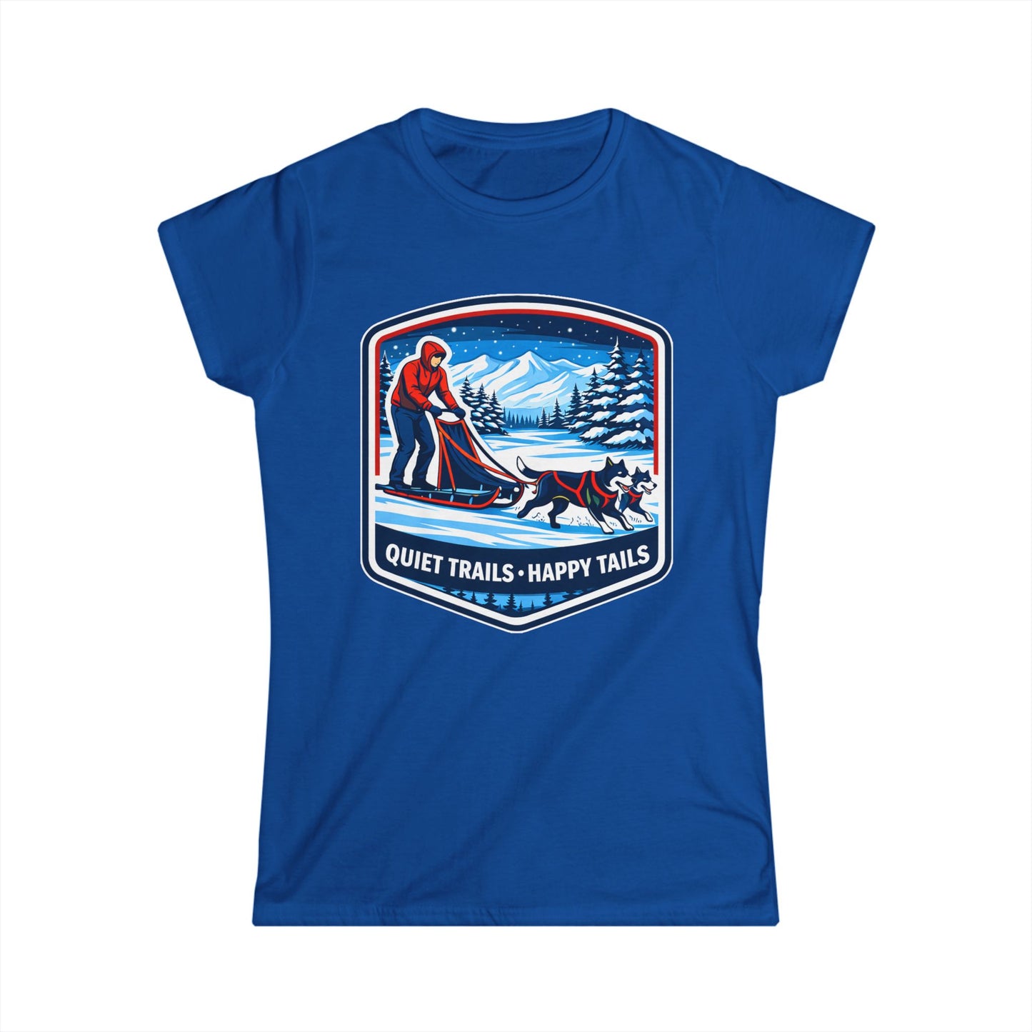 Quiet Trails, Happy Tails Women's Tee — Winter Skiing Dog Rescue Shirt