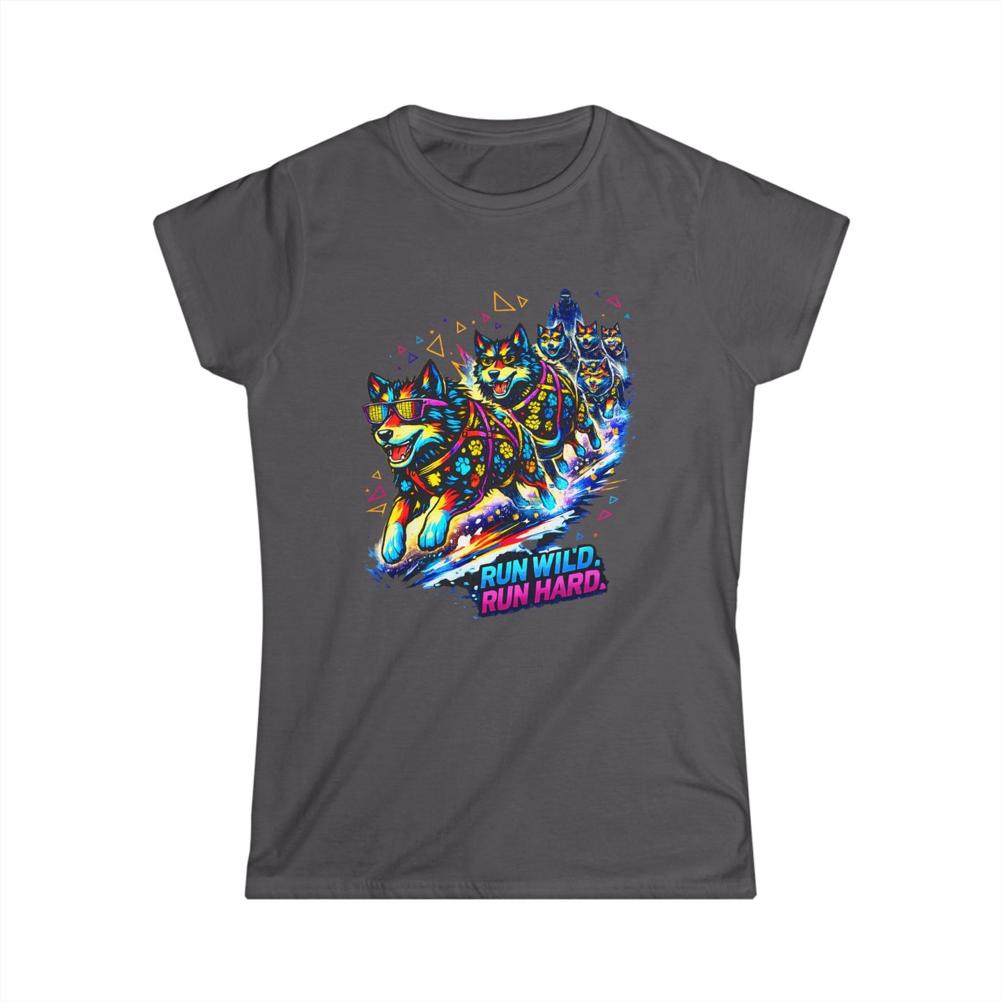 Women's Tee — Vibrant Husky Sled Team "Run Wild, Run Hard"