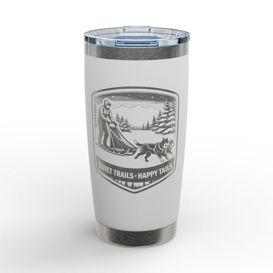 Engraved 20oz Tumbler — 'Quiet Trails • Happy Tails' Dog Sledding Design