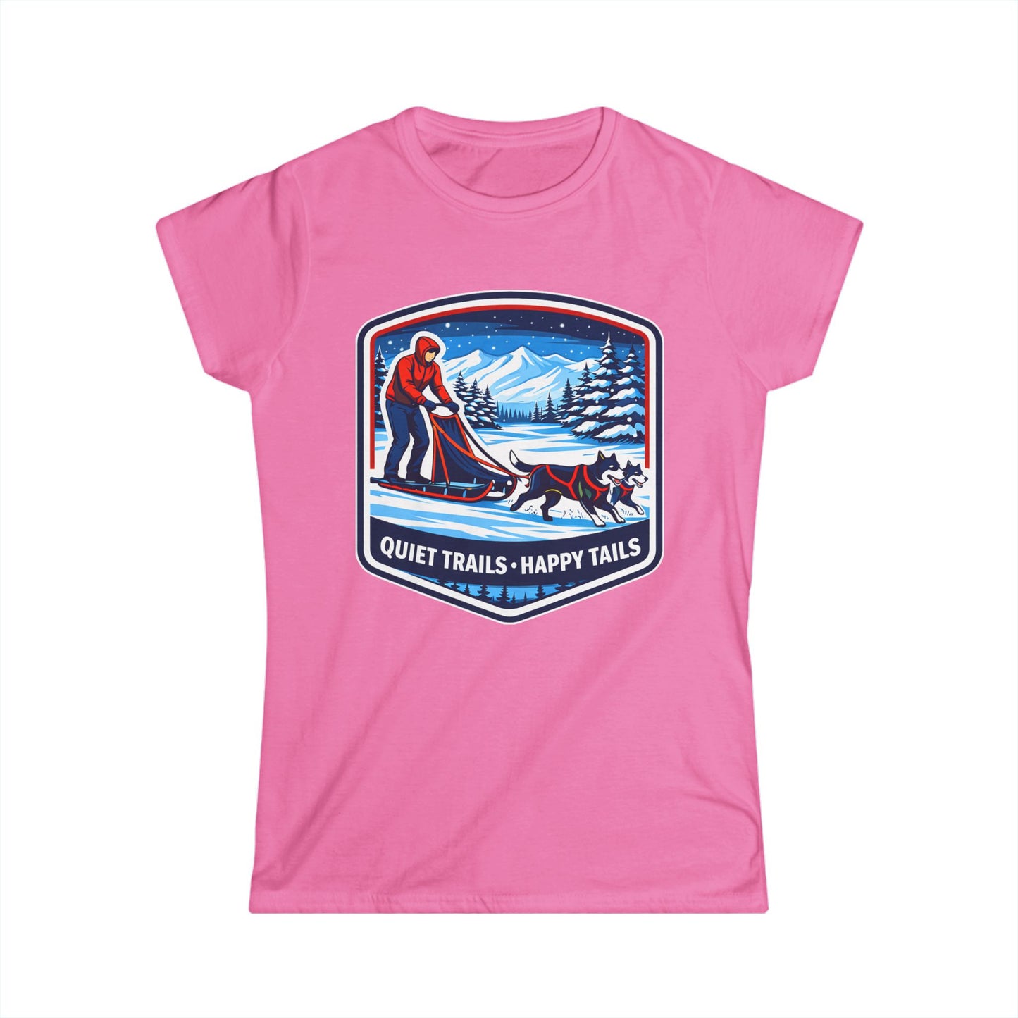 Quiet Trails, Happy Tails Women's Tee — Winter Skiing Dog Rescue Shirt
