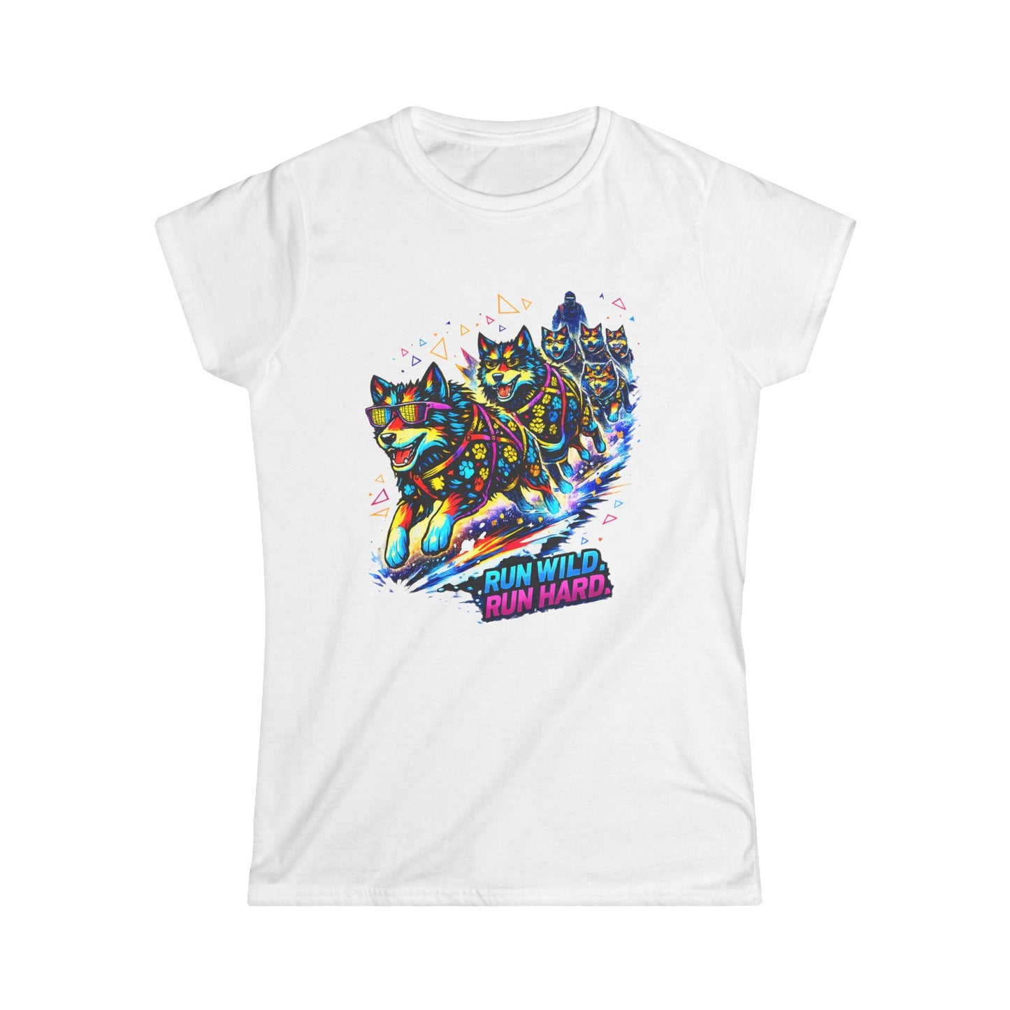 Women's Tee — Vibrant Husky Sled Team "Run Wild, Run Hard"