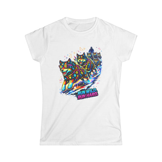 Women's Tee — Vibrant Husky Sled Team "Run Wild, Run Hard"