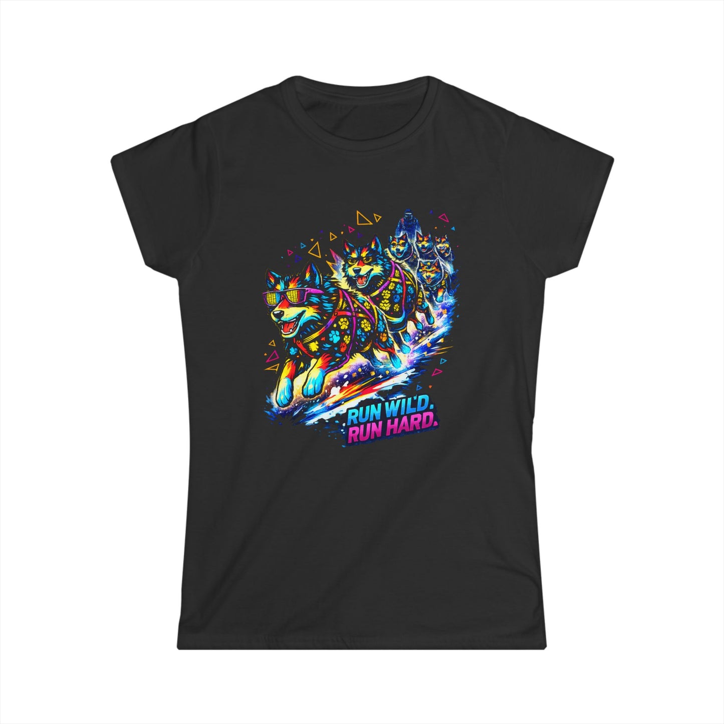Women's Tee — Vibrant Husky Sled Team "Run Wild, Run Hard"