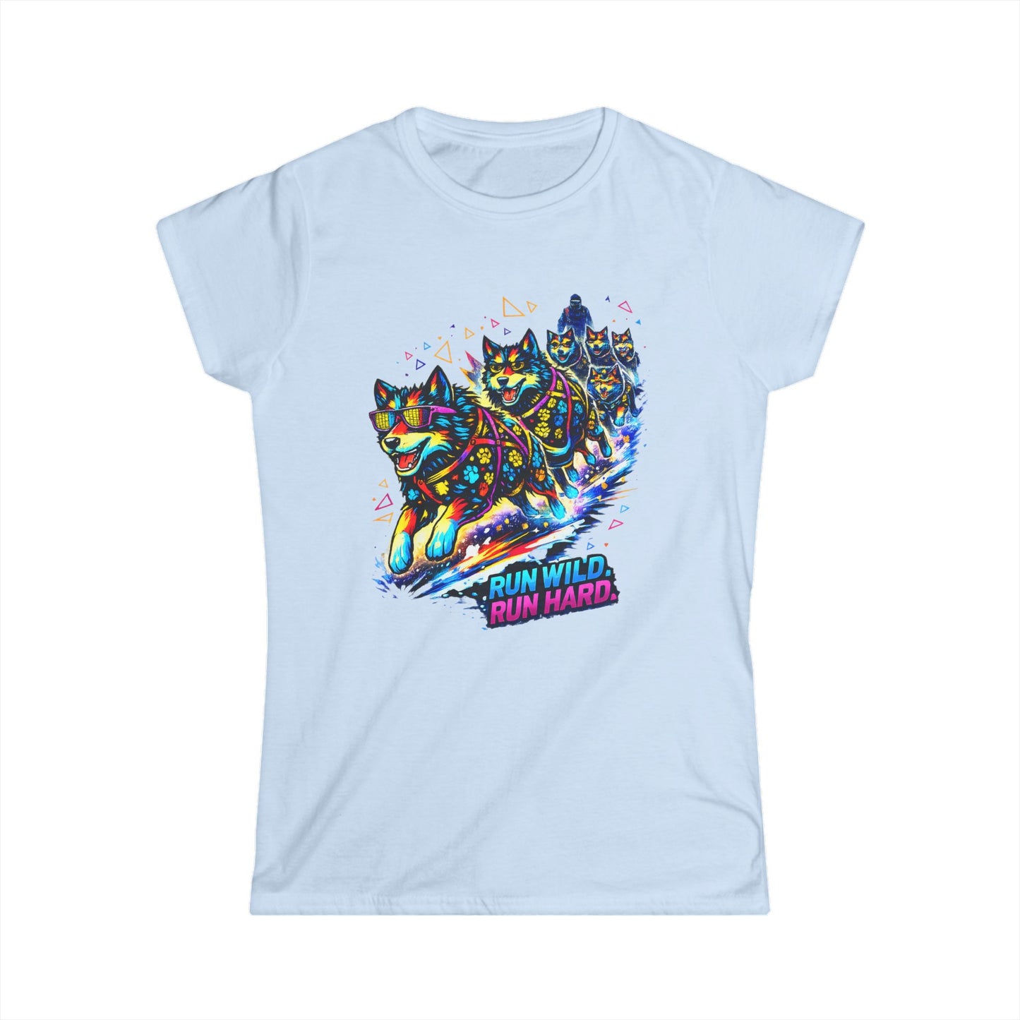 Women's Tee — Vibrant Husky Sled Team "Run Wild, Run Hard"