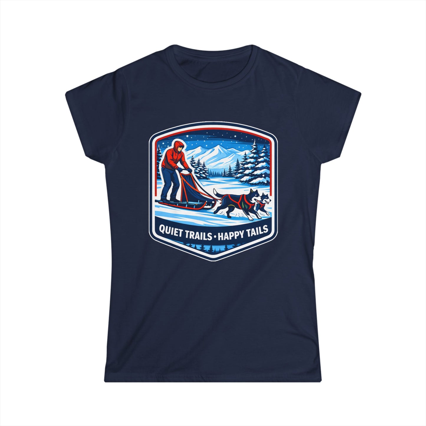 Quiet Trails, Happy Tails Women's Tee — Winter Skiing Dog Rescue Shirt