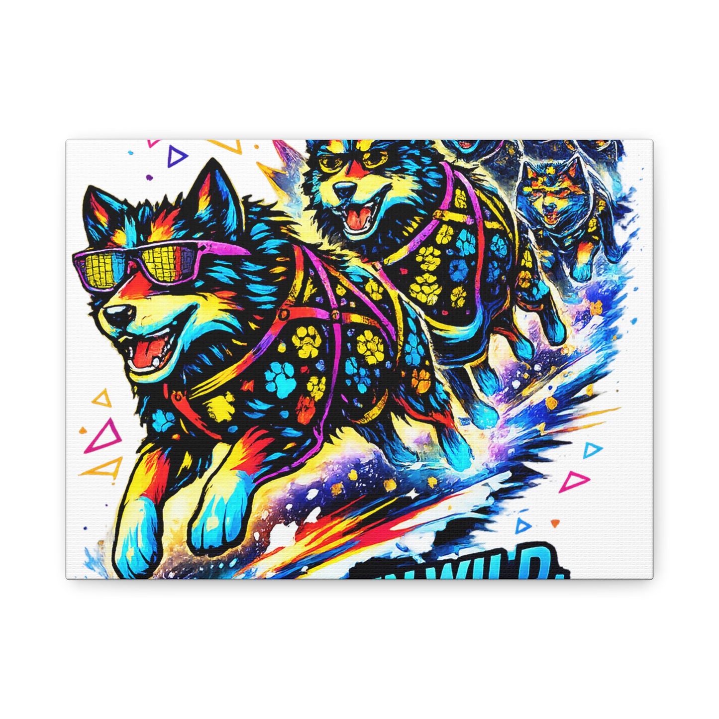Vibrant Neon Huskies Canvas - "Run Wild, Run Hard" Stretched Wall Art