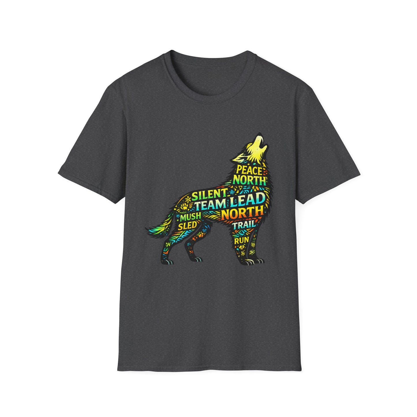 Wolf Word Art T‑Shirt — ‘Lead North’ Mush & Trail Running Design