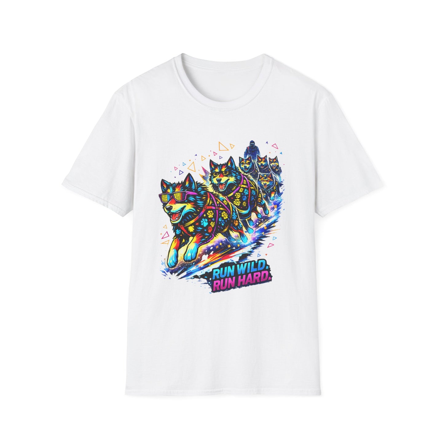 Husky Sled Team T-Shirt — 'Run Wild, Run Hard' Neon Adventure Tee