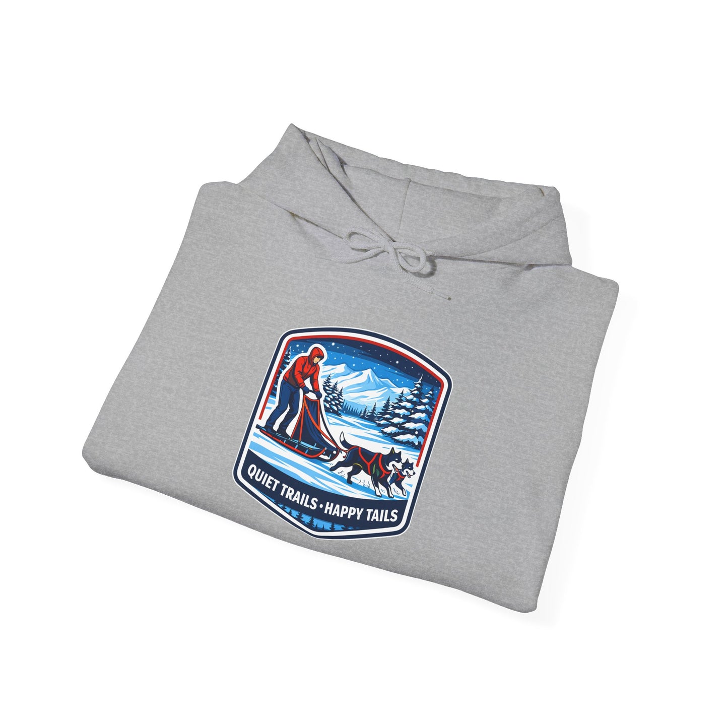Winter Dog Sledding Hoodie — Quiet Trails, Happy Trails Patch